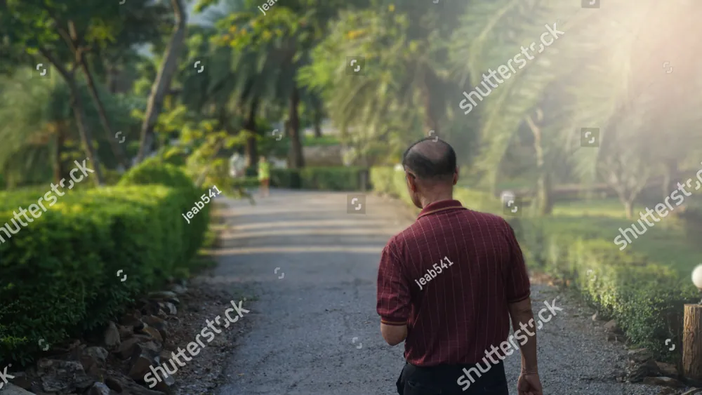A man walking away down a sunlit garden path